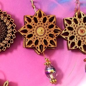 OOAK Laser Cut Wood Mandala Pendant with Crystal Dangle +Reversible +Spinable